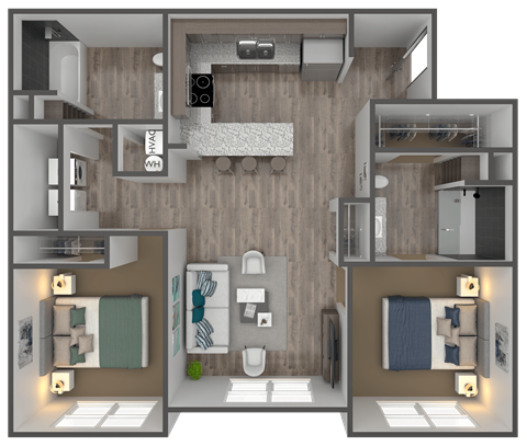 Floor plan for 2 beds, 2 baths, 955 sqft